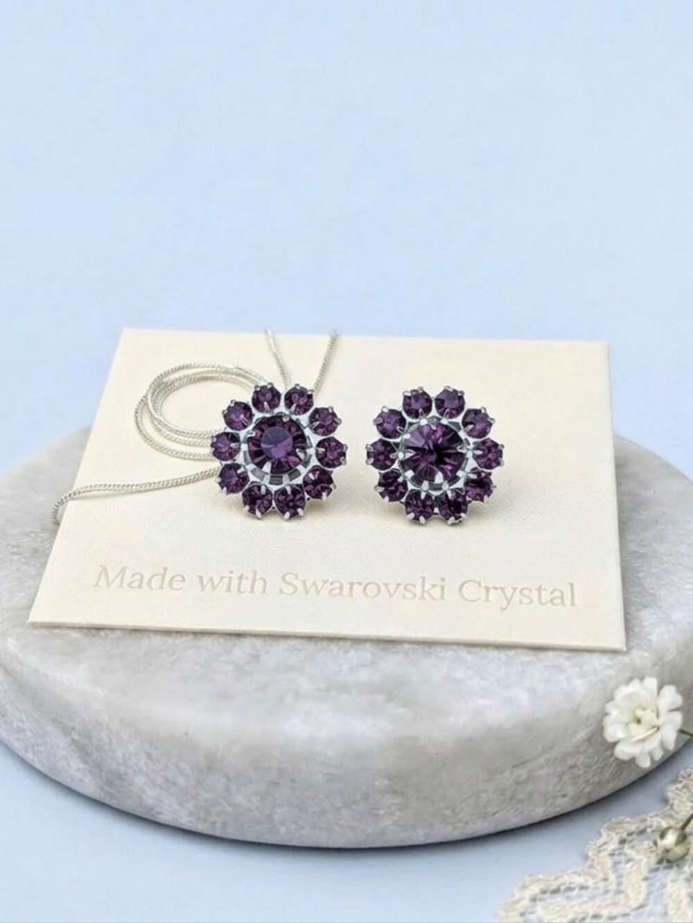 Vintage 90s Swarovski Amethyst Floral Stud Earrings • 925 Silver Overlay
